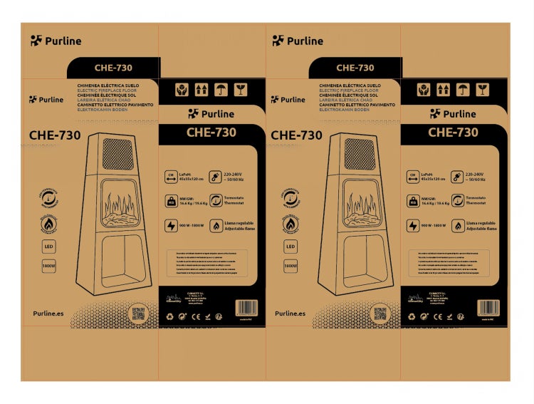 Verpackung eines Purline CHE-730 Elektrokamins für den Boden