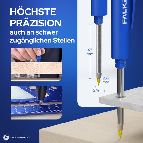 FALKENWALD® Tieflochmarker Bleistift [ + 7 Minen + Spitzer + Schreibgriff ] - Zimmermannsbleistift