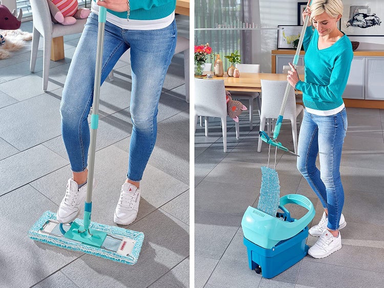 Leifheit rückenschonender Bodenwischer Profi XL super soft, Stahlstiel 146cm, Wischmopp mit Fußklick, Wischbezug für Parkett und Kork, 360° Drehgelenk, Click-System, umweltfreundlicher Karton