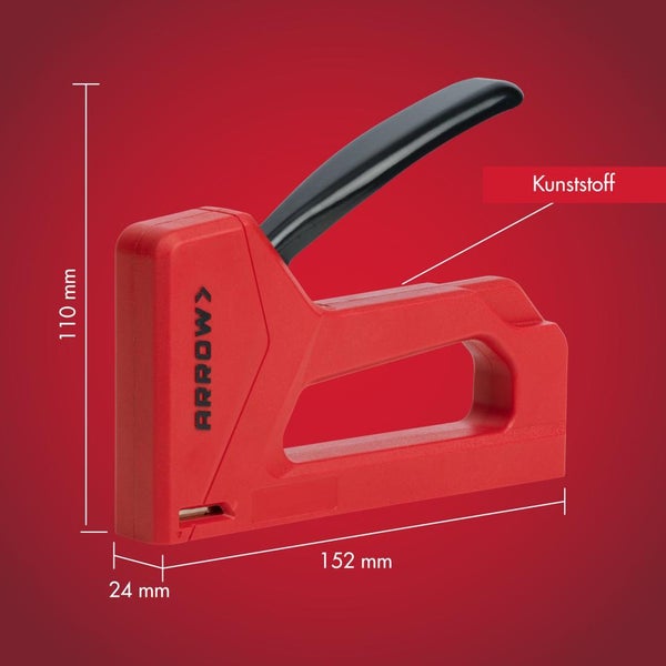 Roter Arrow Tacker aus Kunststoff mit den Maßen 110 Millimeter Höhe, 152 Millimeter Länge und 24 Millimeter Breite.