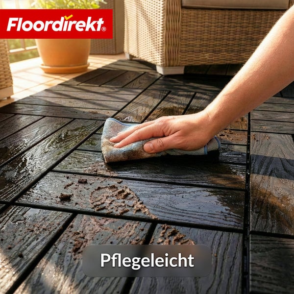 Terrassendielen aus Holzverbundstoff werden mit einem Tuch gereinigt. FloorDirekt Logo.