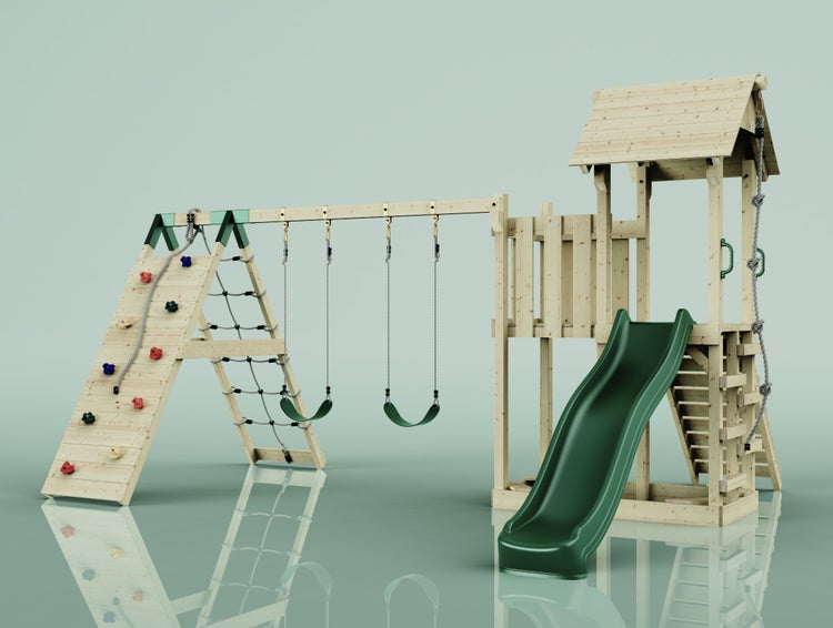 Holzspielplatz mit Rutsche, Schaukeln und Kletterwand