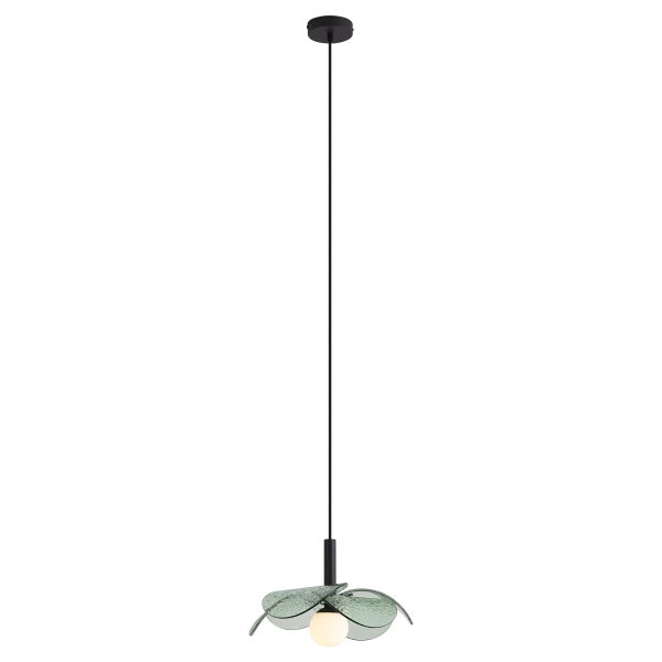 Moderne Pendelleuchte mit Glasschirm in Blütenform und kleiner runder Lichtkugel
