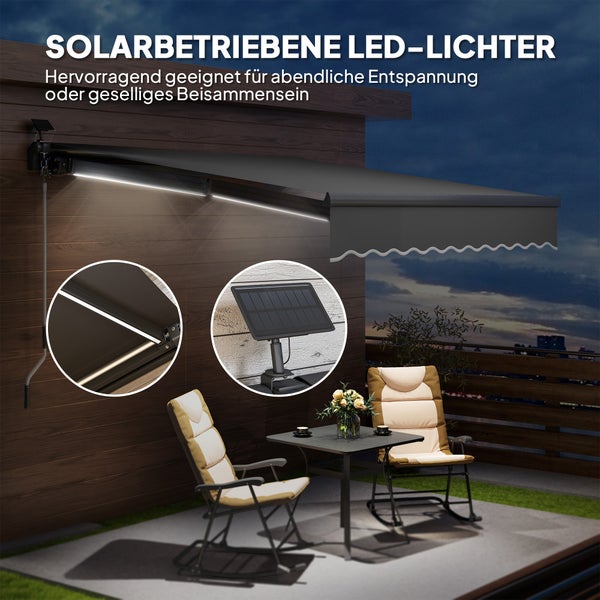 Outsunny Klemmmarkise mit Handkurbel Solar-Lichte Gelenkarmmarkise Markise Sonnenschutz UV 50+, Balkonmarkise inkl. Wandhalterung Sonnenmarkise 300 cm breit für Terrasse Balkon Veranda, Grau