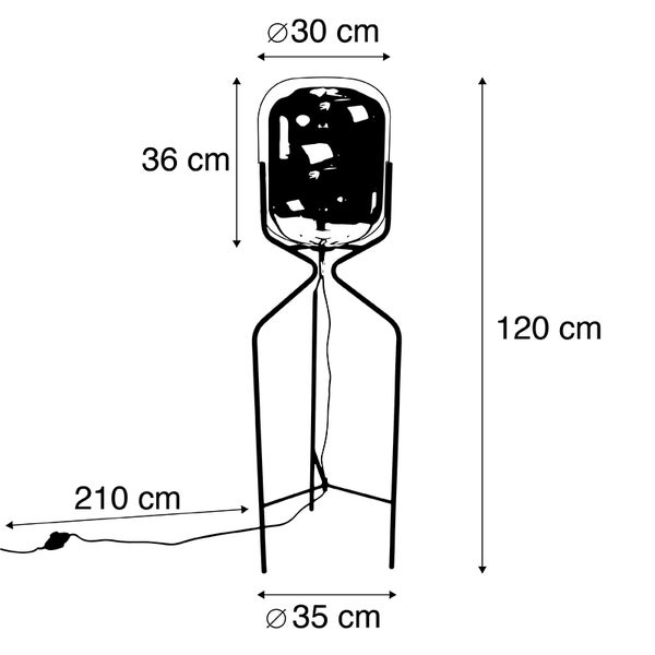 Technische Zeichnung einer Stehlampe mit den Maßen Höhe 120 cm, Lampenschirmdurchmesser 30 cm, Lampenschirmhöhe 36 cm, Fußdurchmesser 35 cm, Kabellänge 210 cm