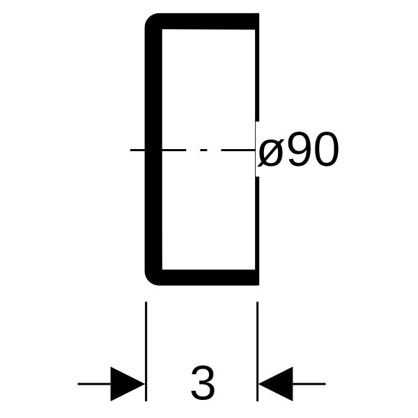 Technische Zeichnung mit Maßangaben: Durchmesser 90 und Breite 3.