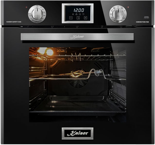 Kaiser Einbaubackofen mit Umluft und Gasbetrieb, ausgestattet mit Drehspieß, XXL Garraum und digitaler Zeitschaltuhr, Edelstahl und Glas Front.