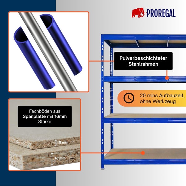 Proregal Logo. Schwerlastregal mit pulverbeschichtetem Stahlrahmen, 16 Millimeter starken Spanplattenböden. Aufbau in circa 20 Minuten ohne Werkzeug.
