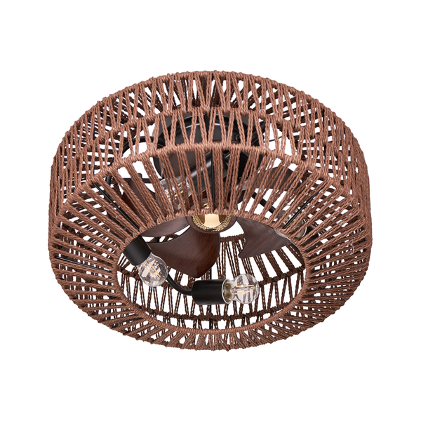 Deckenventilator mit Beleuchtung und rundem Schirm aus geflochtenem Seil