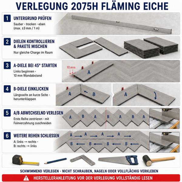 Illustrierte Schritt für Schritt Anleitung zur schwimmenden Verlegung von Fischgrät Vinylboden Fläming Eiche inklusive benötigtem Werkzeug.