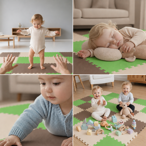 Ein Kleinkind auf einer Puzzle-Spielmatte im Wohnzimmer, dargestellt in einer Collage mit verschiedenen Spiel- und Ruheszenen.