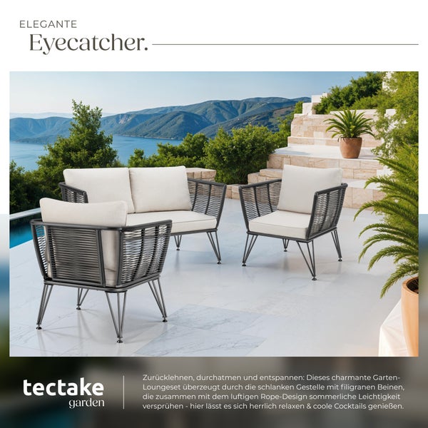 Garten-Loungeset tectake Sundo höhenverstellbare Füße Polyrattan im Rope-Design anthrazit