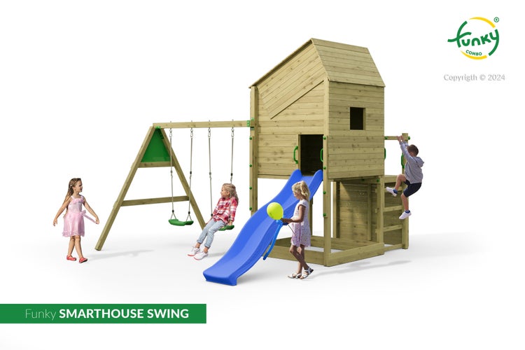 Spielturm Funky Smarthouse Swing aus Holz mit Spielhaus, Rutsche, Doppelschaukel und Kletterwand für den Garten.