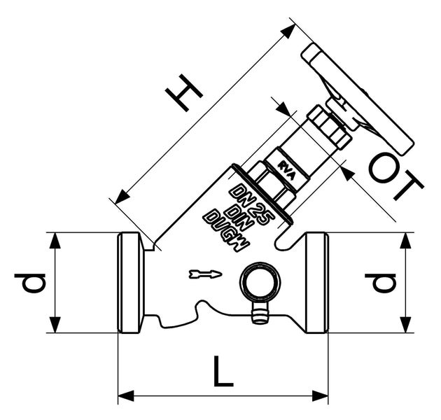 Technische Zeichnung eines Freistromventils mit Maßen für Höhe H, Länge L, Durchmesser d und Oberteil OT. Beschriftung Nennweite 25.