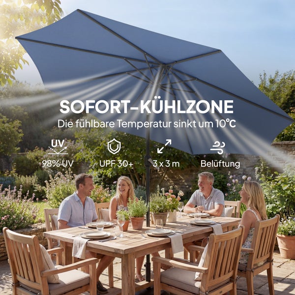 Outsunny Sonnenschirm ca. Ø300 cm neigbar Balkonschirm mit Kurbel Kreuzfuß Sandsack, UV 30+ Einziehbar Gartenschirm Rund windfest stabil Marktschirm für Garten Balkon Terrasse Blau