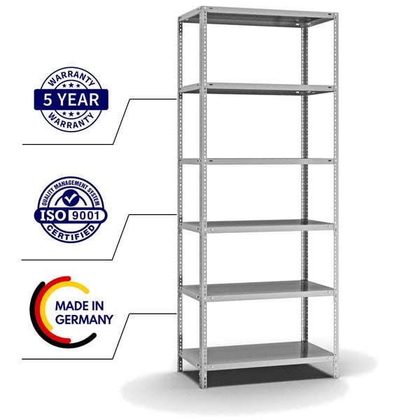 PROREGAL Fachbodenregal Schraubsystem Medium-Duty Grundregal HxBxT 250 x 100 x 50 cm 6 Ebenen Fachlast 200 kg Beidseitig Nutzbar Verzinkt