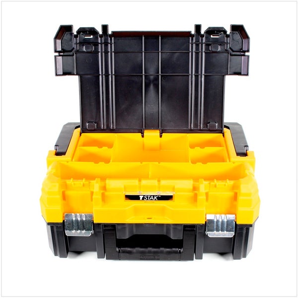 DeWalt TSTAK Werkzeugkoffer, geöffnet, mit gelbem Organizer-Einsatz aus Kunststoff und Metallschnallen.