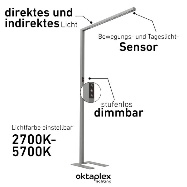 Alva LED Stehleuchte dimmbar 2700K-5700K Präsenzmelder 10800 Lumen Aluminium silber moderne Lichtlösung für Büro