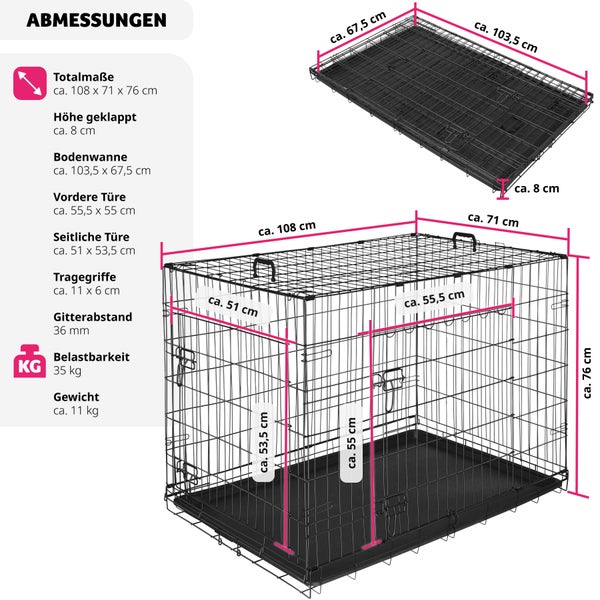 Hundekäfig-Gitterbox tectake Luna abgerundete Ecken klappbar, mit 2 Tragegriffen schwarz