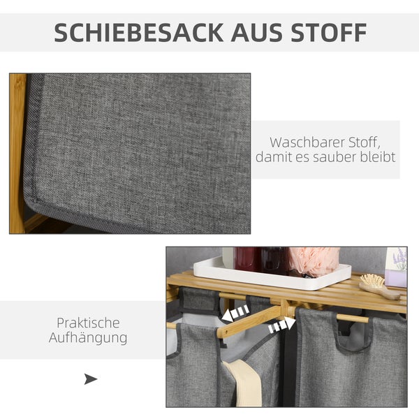 HOMCOM Bambus Wäschekorb 2 Fächer Wäschesammler mit Griff, 2 abnehmbaren Wäschesacke, Plattform, Wäschebox Wäschesortierer für Waschküche Schlafzimmer Badezimmer Natur+Grau