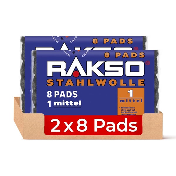 Rakso Stahlwolle Feinheitsgrad 1 mittel, Doppelpack mit 2 mal 8 Pads zur Reinigung und Oberflächenbearbeitung.