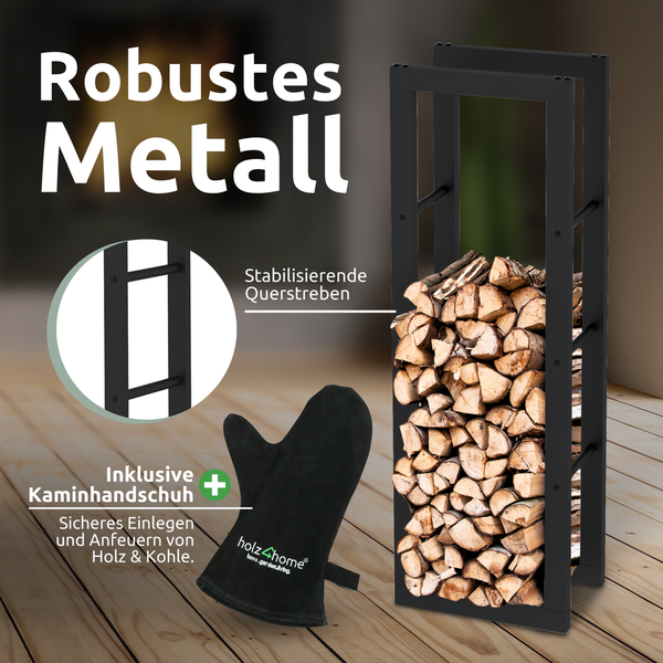 holz4home Kaminholzregal 100x25x40 cm aus Metall Schwarz inkl. Ofenhandschuh