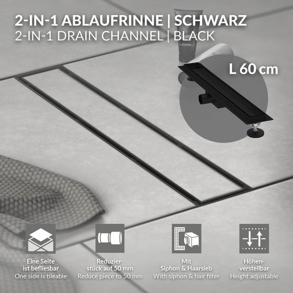 Schwarze Duschrinne 60 Zentimeter, 2-in-1 befliesbar, höhenverstellbar, inklusive Siphon und Haarsieb für bodenebene Duschen.