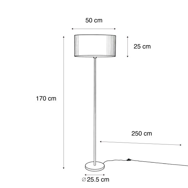 Abbildung einer Stehlampe mit den Maßen 170 cm Höhe, 50 cm Breite Lampenschirm, 25 cm Höhe Lampenschirm, 25,5 cm Durchmesser Fuß, 250 cm Kabellänge