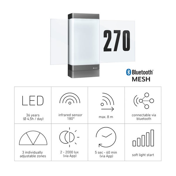 Hausnummerleuchte mit LED, Infrarotsensor, Bluetooth Mesh und Einstellungsoptionen