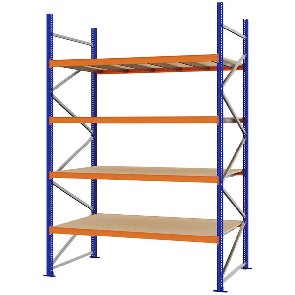 Weitspannregal mit vier Ebenen aus Holz, blauem Metallrahmen und orangen Traversen.
