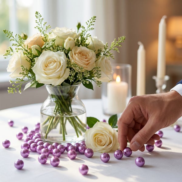 Blumenstrauß aus Rosen in einer Glasvase auf einem Tisch mit Kerzen und dekorativen Perlen.