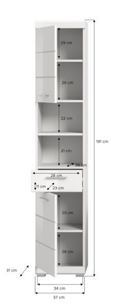 Weißer Badezimmer-Hochschrank mit Türen, Schublade und Fachböden. Maßangaben: Höhe 191 Zentimeter, Breite 37 Zentimeter, Tiefe 31 Zentimeter.