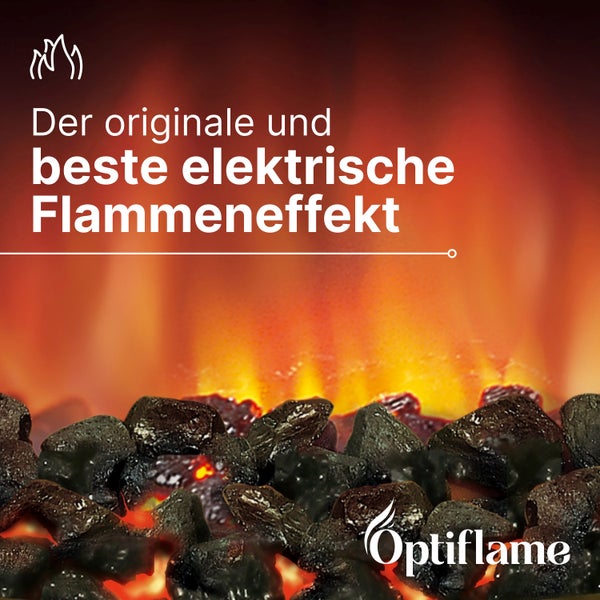 Optiflame Logo und Symbol für Flammeneffekt mit Darstellung von glühenden Kohlen und elektrischen Flammen.