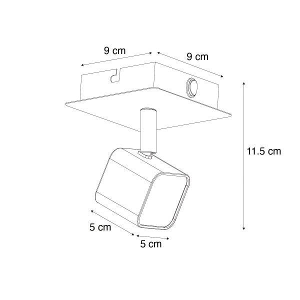 Technische Zeichnung einer Deckenleuchte mit den Maßen 9 x 9 x 11,5 Zentimeter.