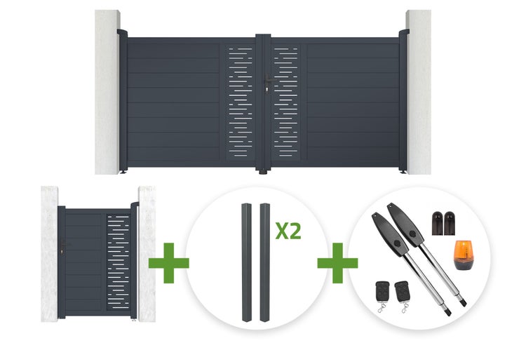 Zweiflügeliges Einfahrtstor und Gartentür aus Aluminium mit zwei Pfosten und elektrischem Torantrieb Set.