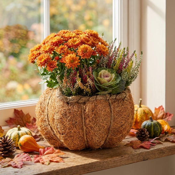 Herbstliche Pflanzschale in Kürbisoptik aus Kokosfaser bepflanzt mit Chrysanthemen und Heidekraut auf einer Fensterbank mit Kürbissen dekoriert