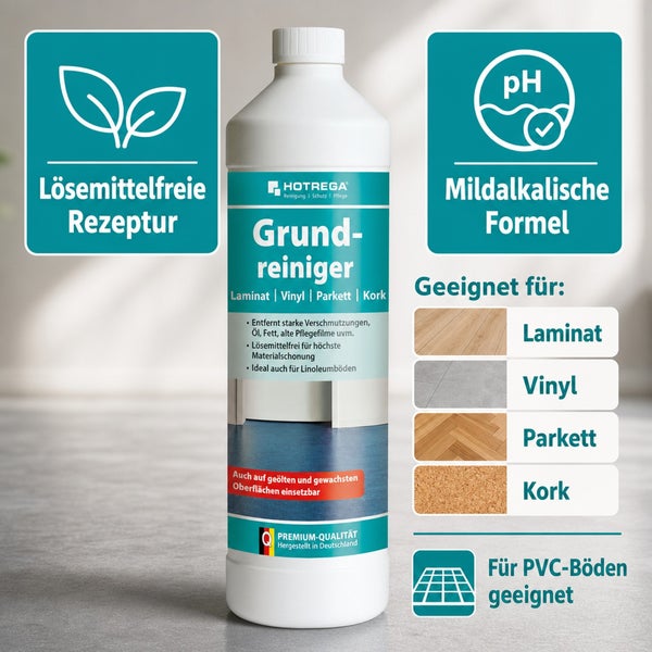 Hotrega Grundreiniger für Laminat, Vinyl, Parkett und Kork, lösemittelfreies Reinigungsmittel in einer Flasche mit Anwendungshinweisen.