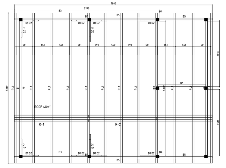 Technischer Bauplan fuer ein Gartenhaus mit Dachflaeche von 48 Quadratmetern und detaillierten Konstruktionsmassen.