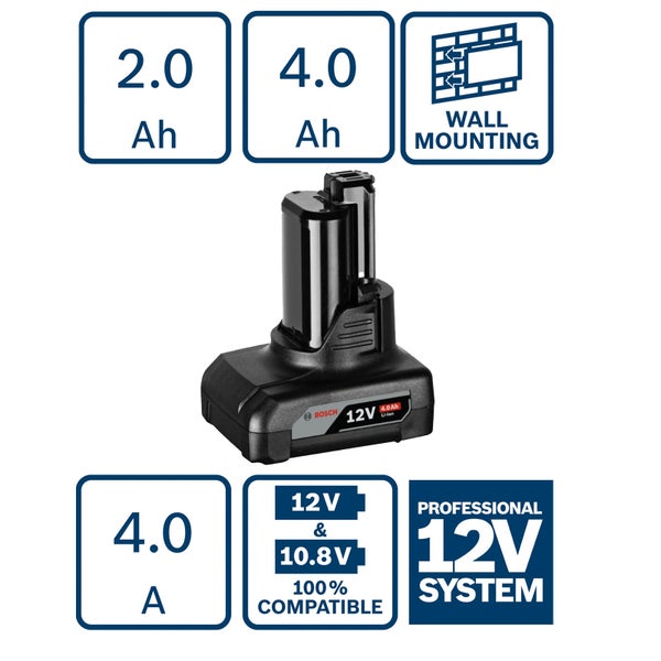 Bosch 12 Volt Akku mit 4.0 Amperestunden Kapazität