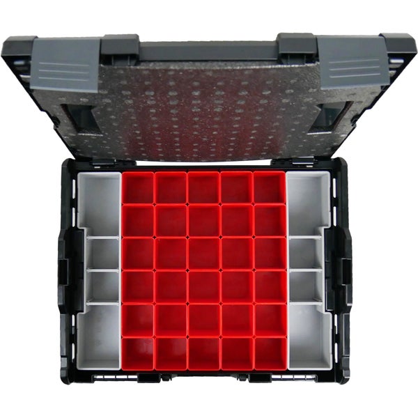 Offene Werkzeugbox mit roten und grauen Fächern zur Aufbewahrung von Kleinteilen.