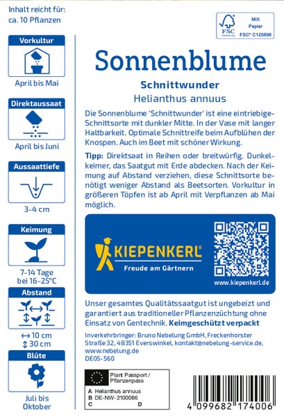 Saatgut Sonnenblume Schnittwunder Helianthus annuus von Kiepenkerl mit Anbauinformationen und Pflanzenpass.