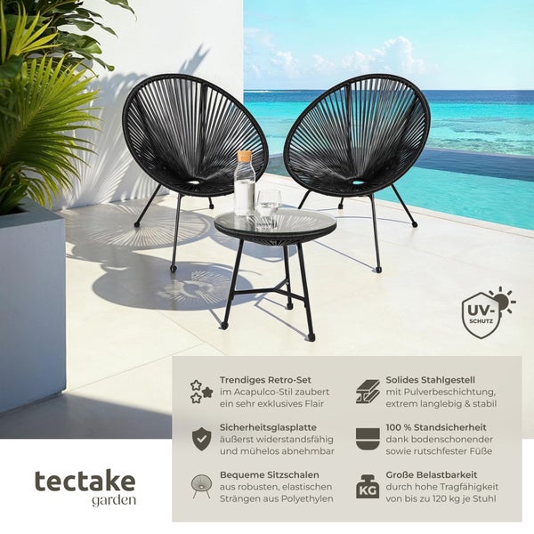 2 Gartenstühle Santana mit Tisch tectake  Belastbarkeit Stuhl 120 kg Retro-Design im Acapulco-Stil schwarz