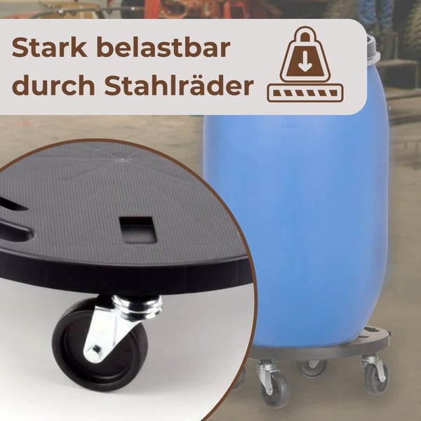 Blauer Behälter auf Rollbrett mit Stahlrädern