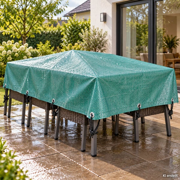 Wasserdichte Schutzhülle für Gartenmöbel aus wetterfestem Gewebe mit Ösen auf einer Terrasse