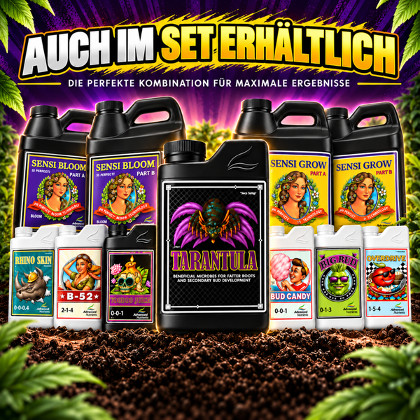 Set aus verschiedenen Advanced Nutrients Pflanzendüngern und Zusatzstoffen für das Pflanzenwachstum und die Blütezeit auf Erde.