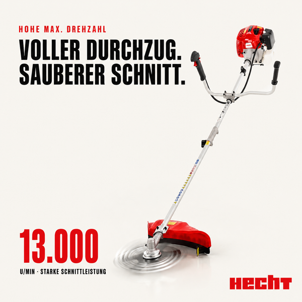 Hecht Benzin-Motorsense mit Zweihandgriff, 13000 Umdrehungen pro Minute und hoher Schnittleistung. Hecht Logo.