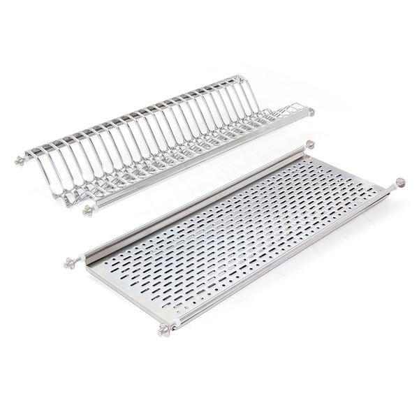 Abtropfgestell-Set aus Edelstahl, zweiteilig, bestehend aus Tellerhalter und Abtropfschale für den Schrankeinbau.