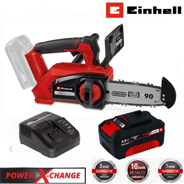 Einhell Akku-Kettensäge FORTEXXA, Power X-Change 4.0 Amperestunden Akku, Ladegerät, bürstenloser Motor, Oregon Schwert, Garantien. Einhell Logo.