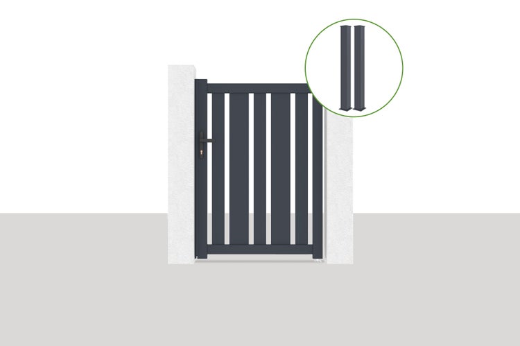 Einflügeliges Gartentor aus Aluminium in Anthrazit mit vertikalen Lamellen zwischen zwei Mauerpfosten inklusive passender Pfosten.