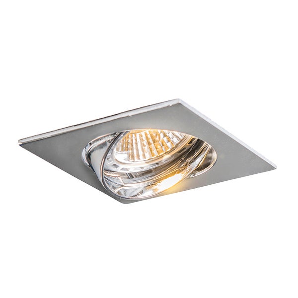 Quadratischer Einbaustrahler aus Metall mit schwenkbarem Leuchtmittel.